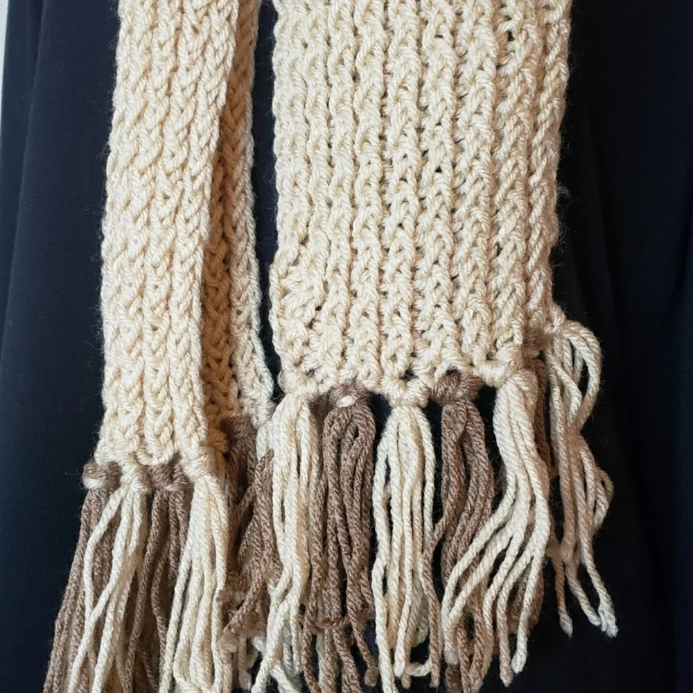 Brown & Ivory Handcrafted Crochet Scarf with Fringe Edges